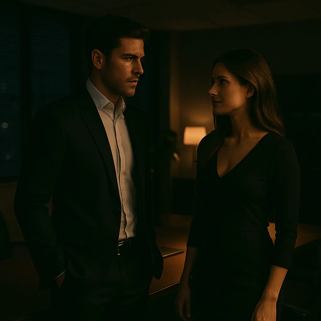 Man and woman in formal attire standing close in a dimly lit office – After-Hours Office Fantasy