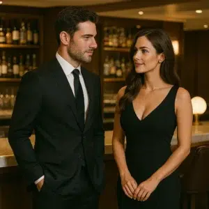 Elegant man and woman sharing a flirtatious moment at a hotel bar – Flirty Hotel Bar Encounter