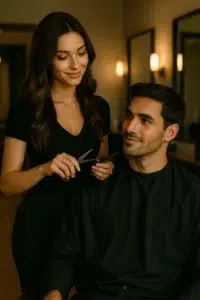 Sensual Salon RolePlay scene with a hairstylist and client exchanging suggestive looks during a haircut