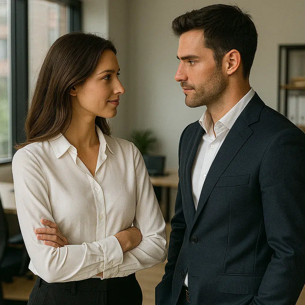 Man and woman in office attire sharing a tense, intimate moment – Office RolePlay Story - Workplace Roleplay Category