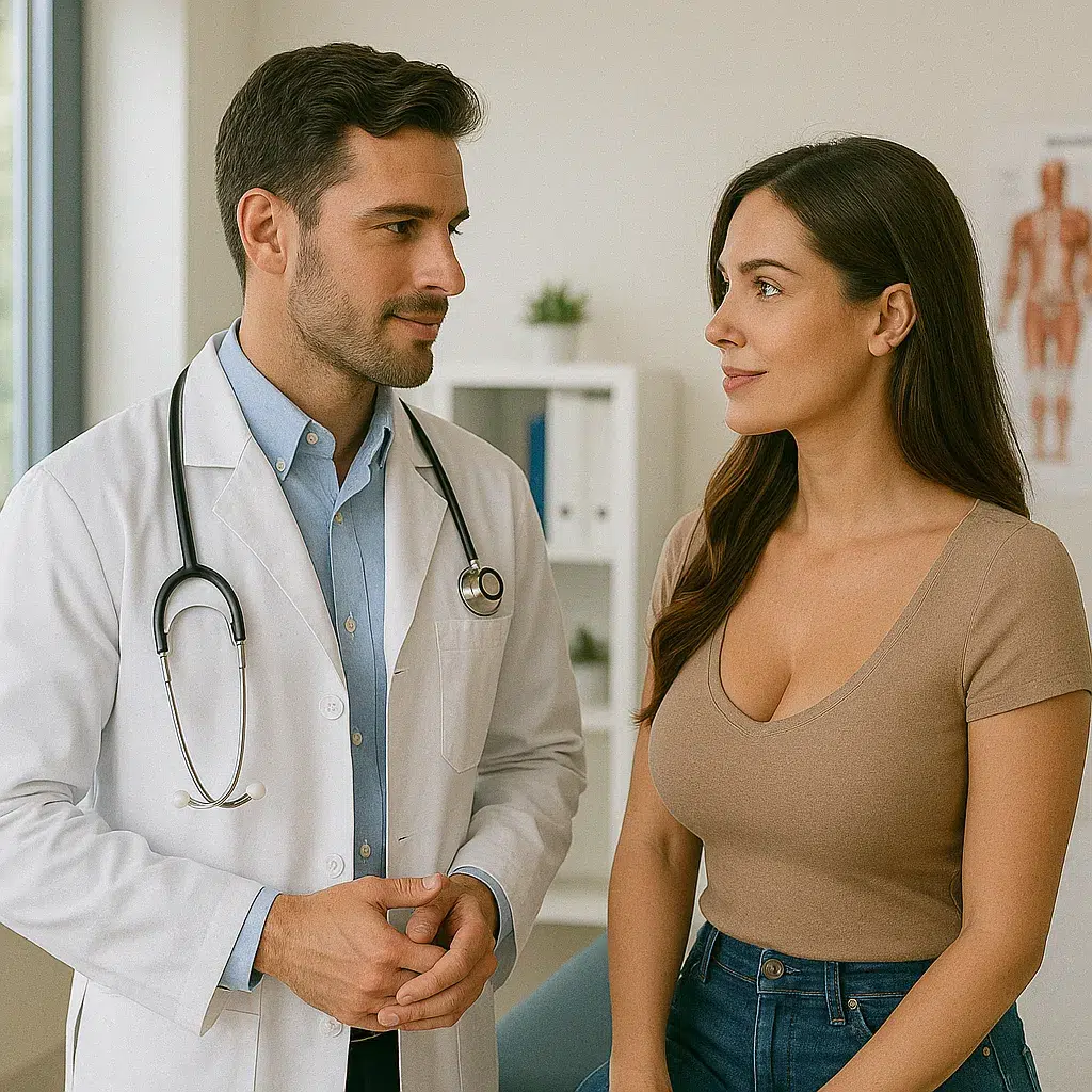 Attractive doctor and female patient share intense eye contact during a private consultation – Doctor RolePlay Story
