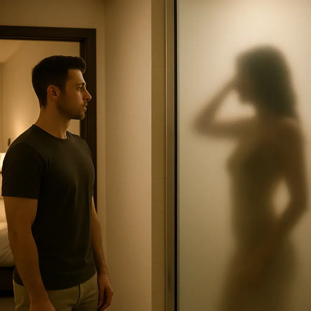 Man standing at the door of a hotel bathroom, watching a naked woman behind frosted glass – Hotel RolePlay Story