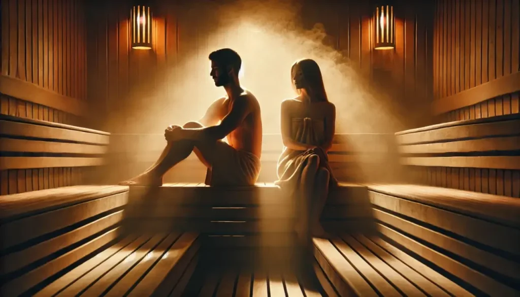 A dimly lit sauna with warm steam, where a man and a woman sit apart, their body language charged with unspoken tension. Steamy Sauna RolePlay Story