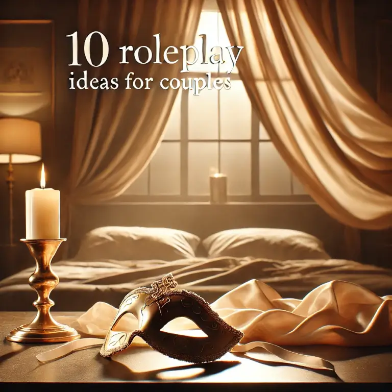 Romantic blog header image with a masquerade mask and candle on a bed, symbolizing intimate roleplay ideas for couples. Sexy Roleplay for Couples
