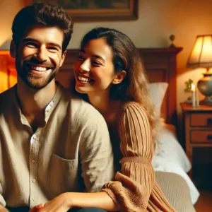 A cozy, romantic scene featuring a happy couple sharing an intimate and playful moment together, perfect for exploring sensual roleplay ideas.