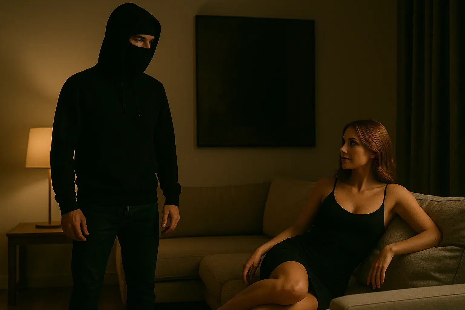 Masked man and woman in black dress during an intense moment – Intruder Roleplay Story scene.