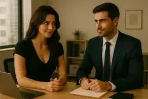 Woman and man during a seductive job interview, exchanging confident looks across the desk. Power And Authority Roleplay Category