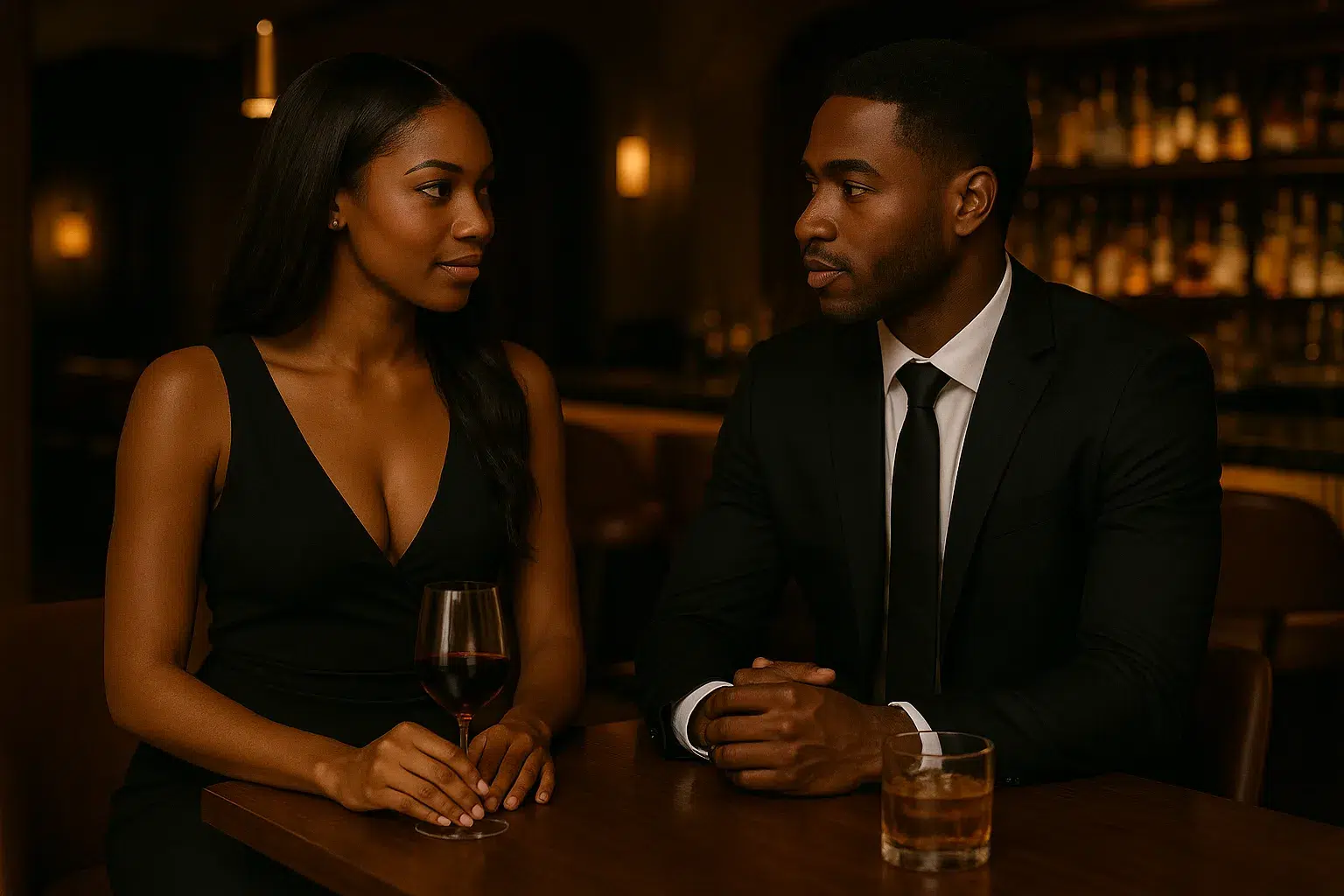 Elegant couple in a dimly lit bar sharing a charged gaze – perfect for a Mysterious Stranger Roleplay scene.
