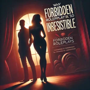 A stylish and mysterious digital artwork illustrating the allure of forbidden roleplay fantasies. The image features a shadowed couple in a moody red and black atmosphere, evoking secrecy and passion.