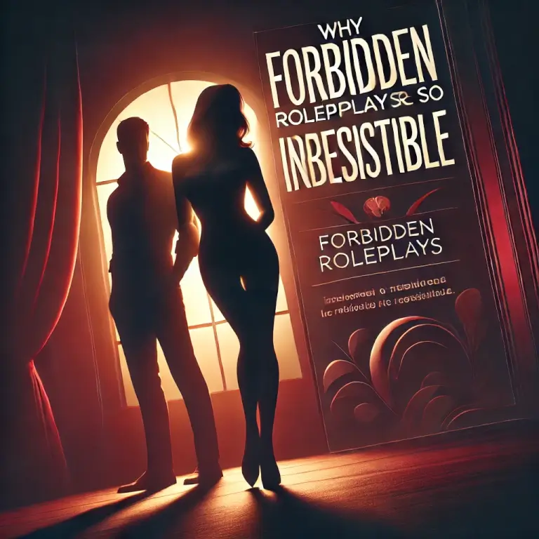 A stylish and mysterious digital artwork illustrating the allure of forbidden roleplay fantasies. The image features a shadowed couple in a moody red and black atmosphere, evoking secrecy and passion.