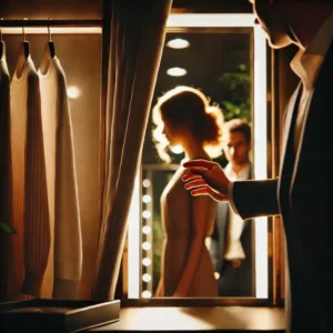 A man's hand pulls open a changing room curtain, revealing the blurred reflection of a woman in the mirror. The mood is sensual and cinematic. Changing Room Roleplay