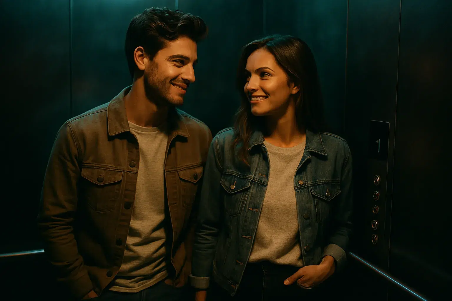 A handsome couple exchanges flirtatious smiles in a softly lit, modern elevator with a mysterious ambiance.