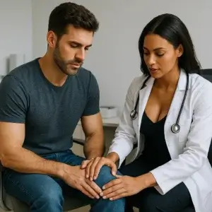 Doctor examining a man’s knee during a quiet check-up – inspiration scene for She Checked Everything Erotic Story.