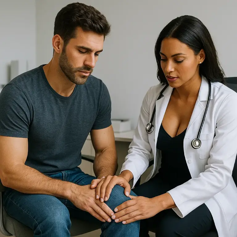 Doctor examining a man’s knee during a quiet check-up – inspiration scene for She Checked Everything Erotic Story.