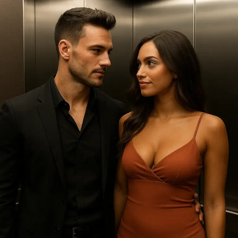 Attractive man and woman in a sensual moment inside a hotel elevator, sharing a tense and intimate gaze. Hotel Elevator Erotica For Her. Role playing Stories