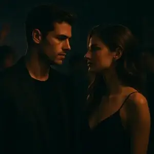 Man and woman locking eyes at a luxurious private party, tension and chemistry in the air – perfect for a private party roleplay.