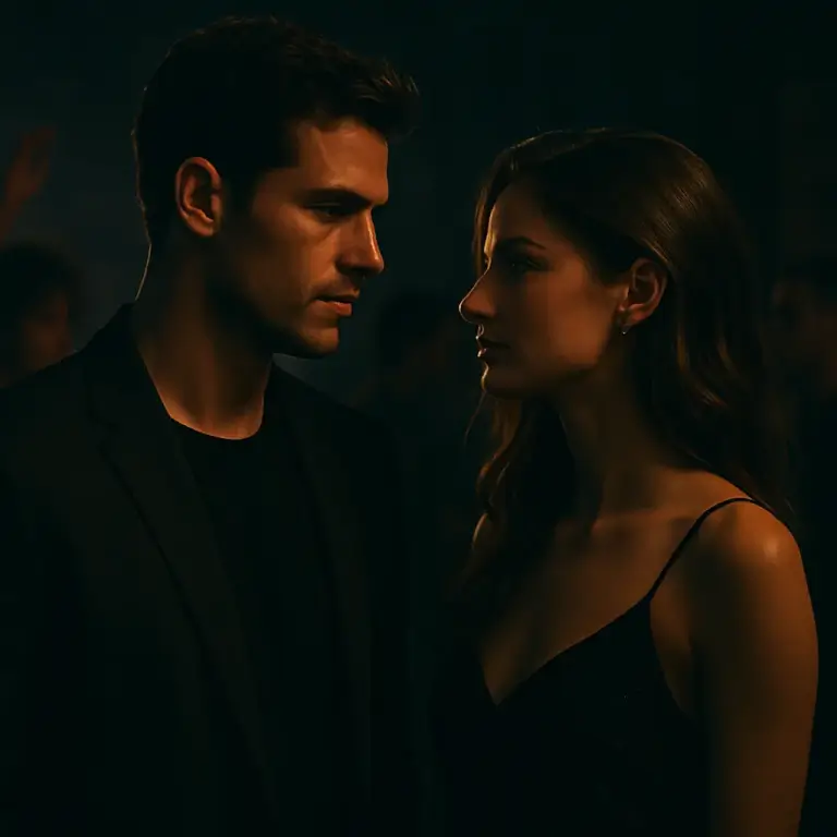 Man and woman locking eyes at a luxurious private party, tension and chemistry in the air – perfect for a private party roleplay.