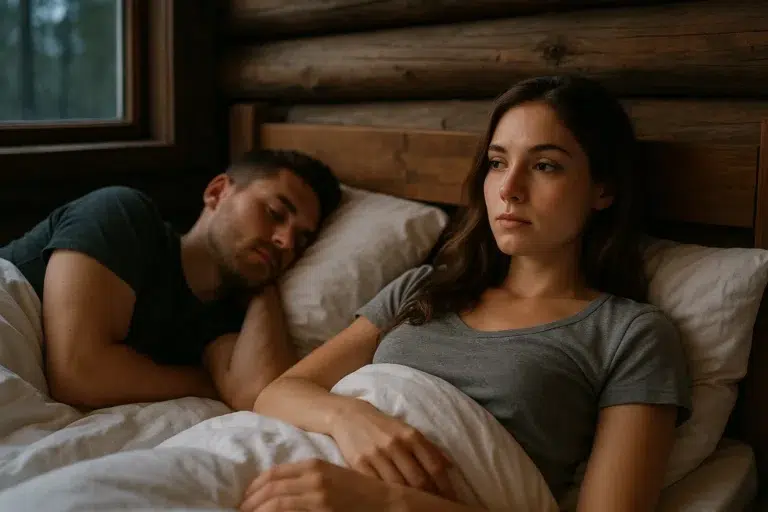 A young woman lies awake in bed next to a sleeping man inside a rustic mountain cabin, reflecting quietly after an intimate moment – a scene inspired by the story I Touched Myself While He Slept Next to Me.