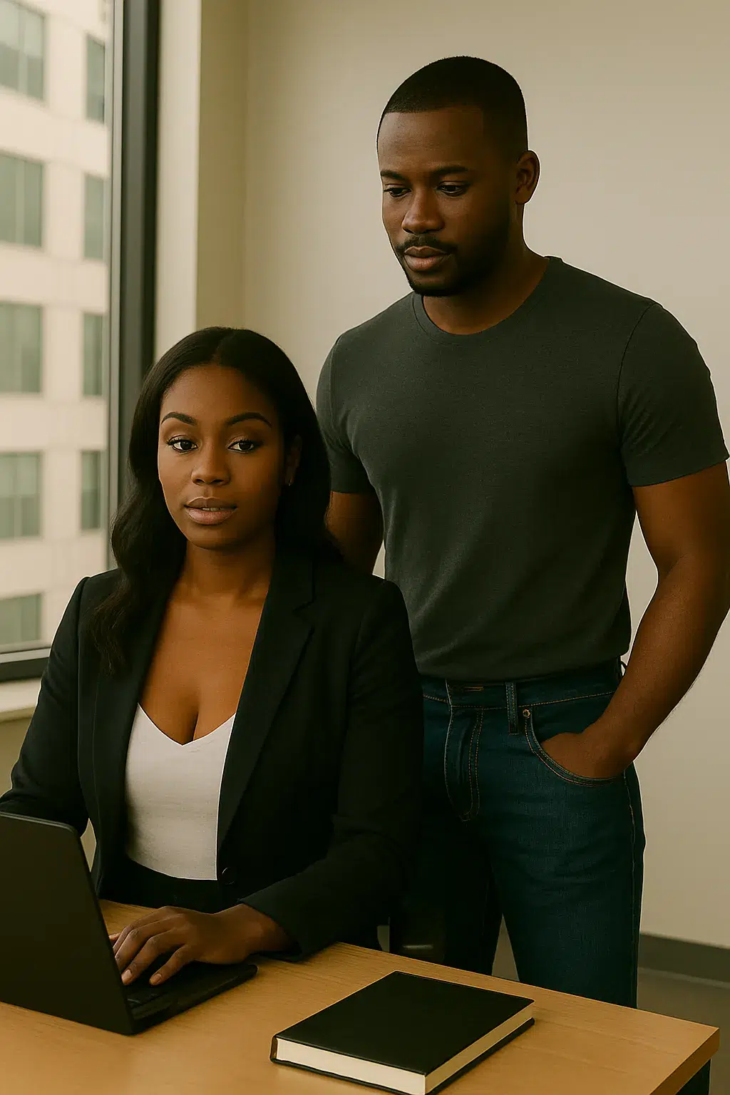 Confident Black woman in a blazer working at her desk, with a man standing behind her — an intimate office moment suggesting a scene from My Boss Is Not Wearing a Bra, ideal for Role Play and Fantasy Chat themes.