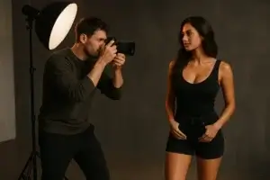 A female model posing during a seductive photo shoot with a male photographer – Photographer RolePlay Story scene.