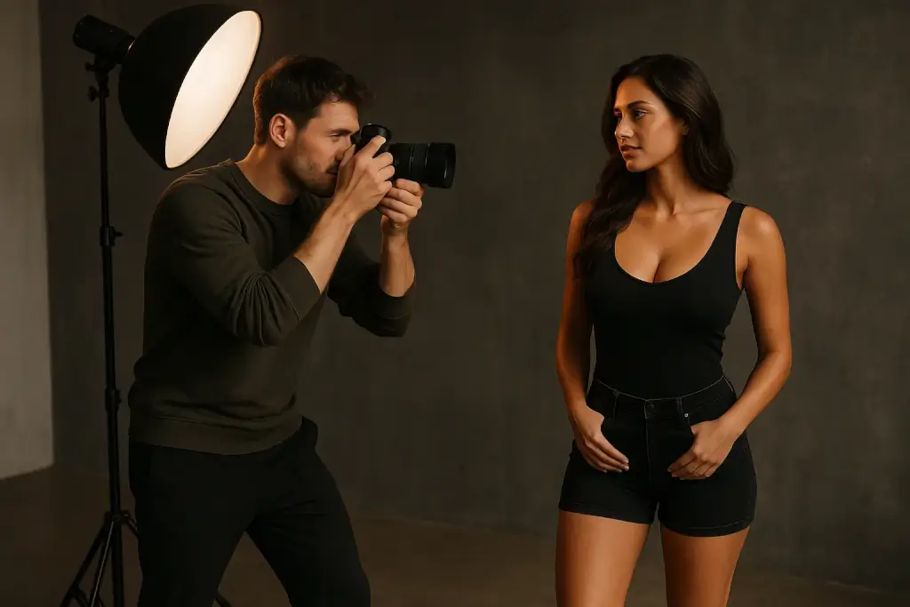 A female model posing during a seductive photo shoot with a male photographer – Photographer RolePlay Story scene.