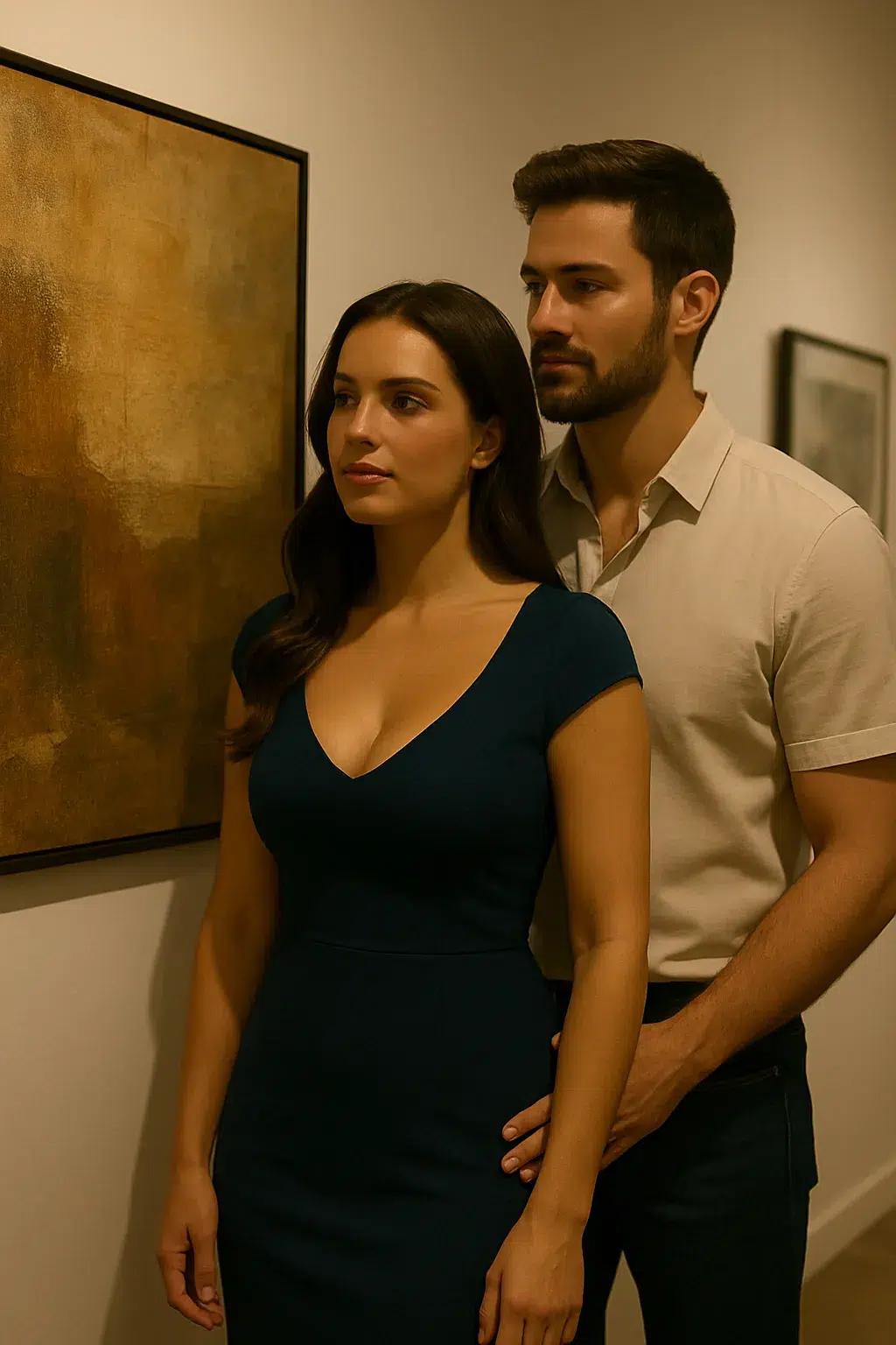 Man standing behind a woman in a dark dress at an art gallery, looking at her with quiet intensity – scene from “The Way He Looked at Me”.