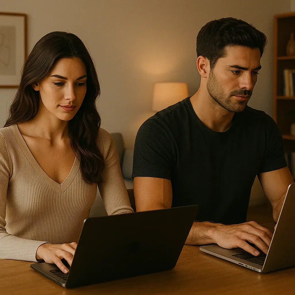 Attractive couple working from home side by side on laptops – Home Office Pleasure Story