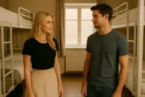 Man and woman standing in a shared apartment room, representing a moment from an erotic story in a shared apartment.