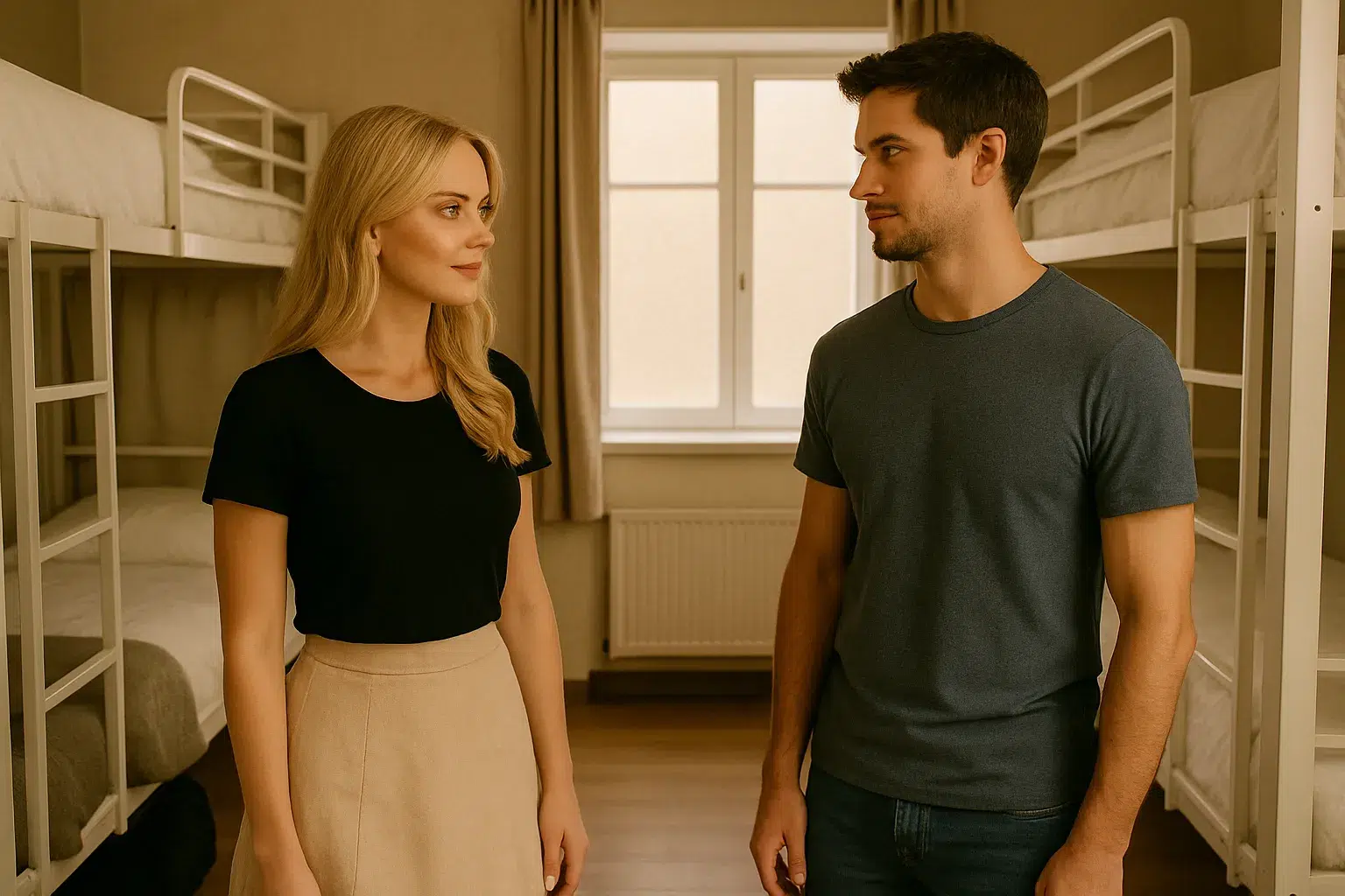 Man and woman standing in a shared apartment room, representing a moment from an erotic story in a shared apartment.