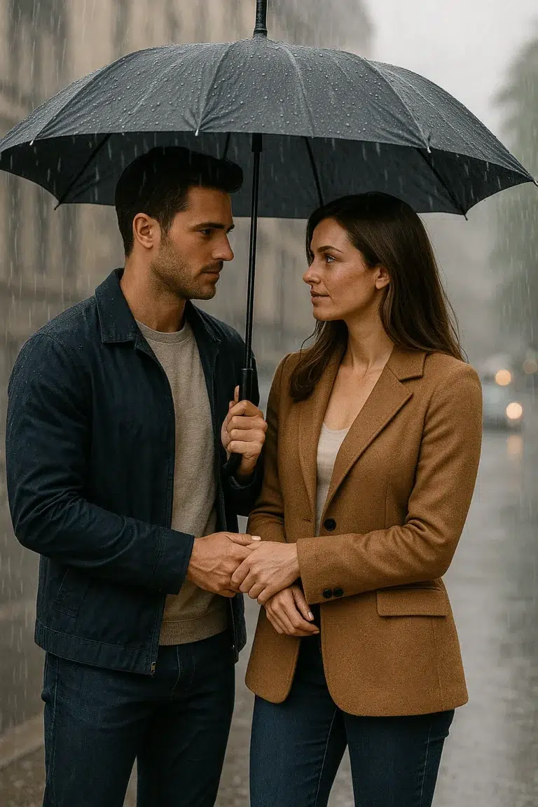 A man and woman share an umbrella during a rainy encounter – Stranger Erotic Rain Encounter Story for Her. Roleplay Stories for couples