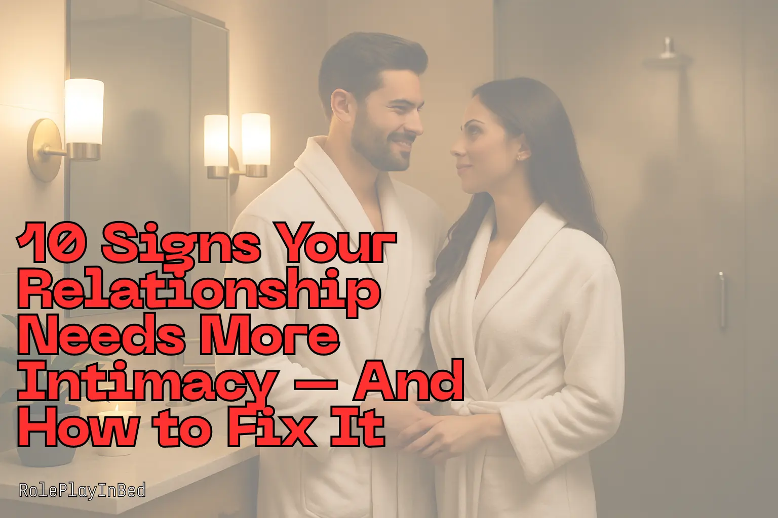 Couple in white bathrobes holding hands and smiling at each other, representing signs your relationship needs more intimacy and how to reconnect.