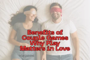 Smiling couple lying on bed with blindfolds playing together – benefits of couple games for love and intimacy