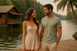 Best Friends Sister Erotic Story at a summer lake house – a couple walking on a dock, flirty eye contact and slow-burn tension