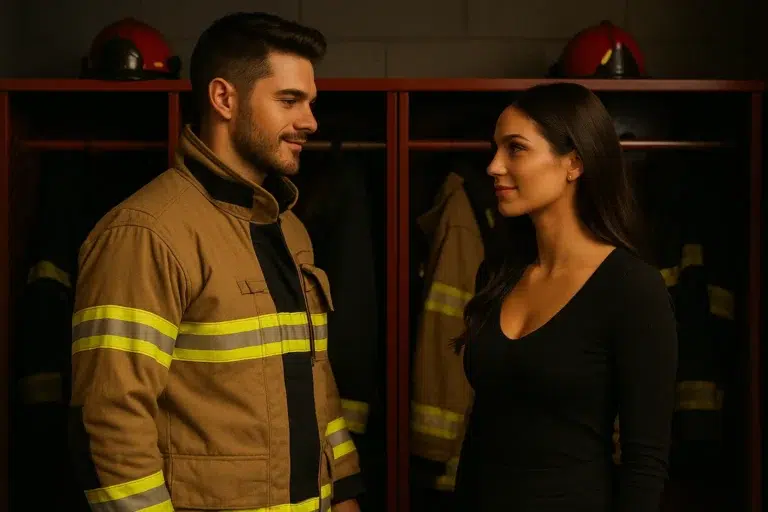 Firefighter Roleplay Story with a firefighter and woman standing in the locker room, creating romantic tension.