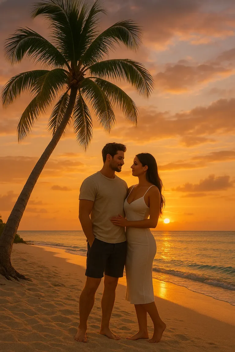 Couple embracing on a tropical beach at sunset under a palm tree – Island Roleplay Fantasy