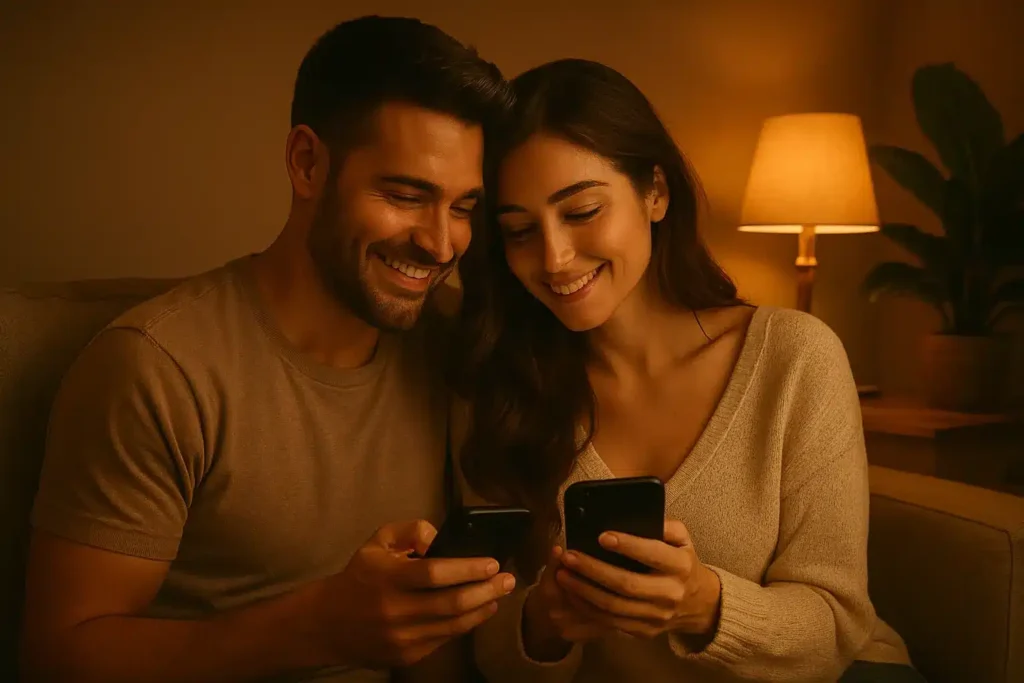 Couple Intimacy Guide – smiling couple sitting together, each holding a phone, ready to follow their Intimate Couple Guides