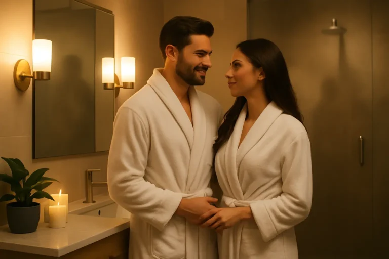 Romantic couple standing close in bathroom, wearing white bathrobes, sharing a tender look – After Shower Couple Intimacy Guide.