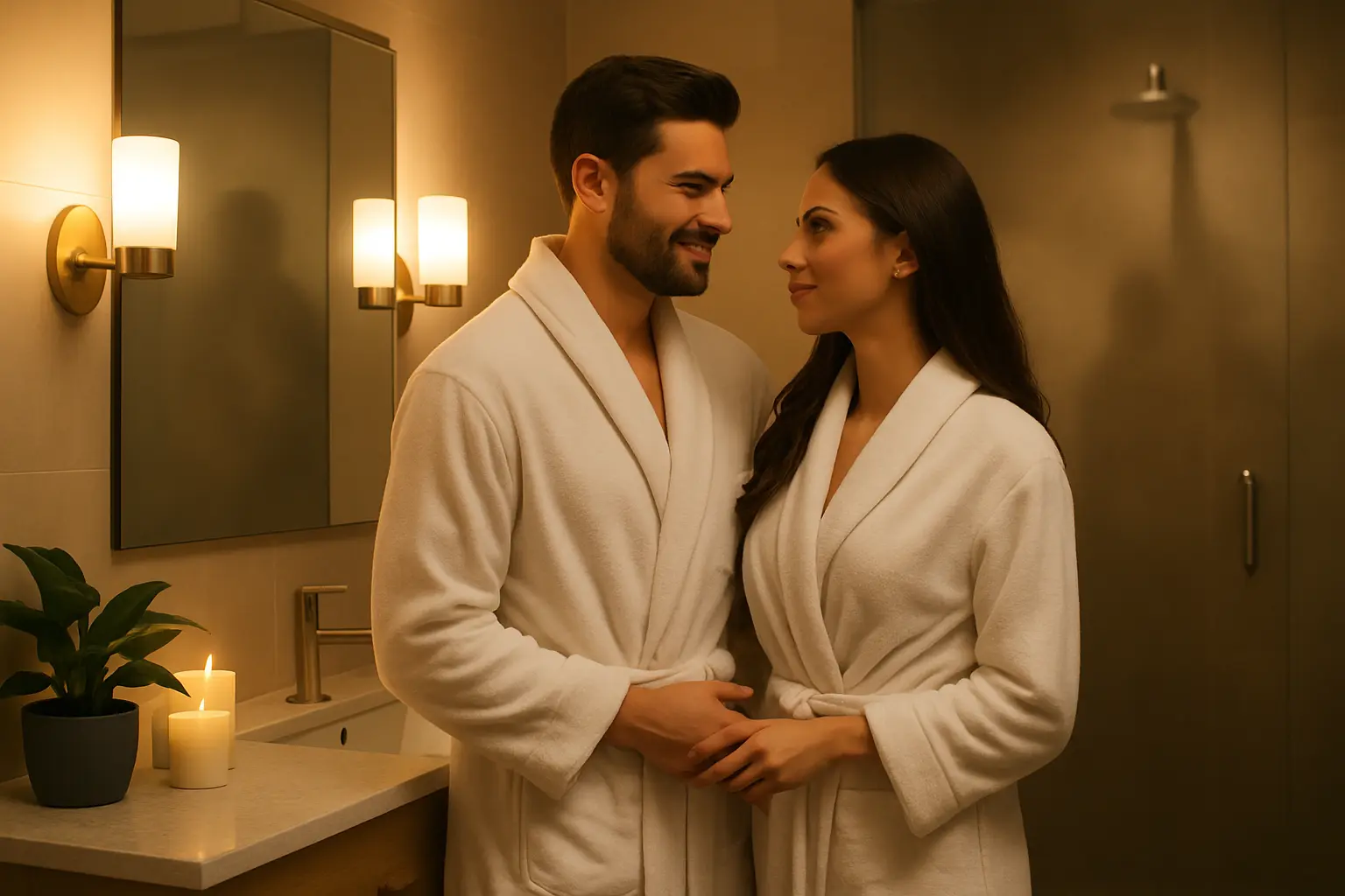 Romantic couple standing close in bathroom, wearing white bathrobes, sharing a tender look – After Shower Couple Intimacy Guide.
