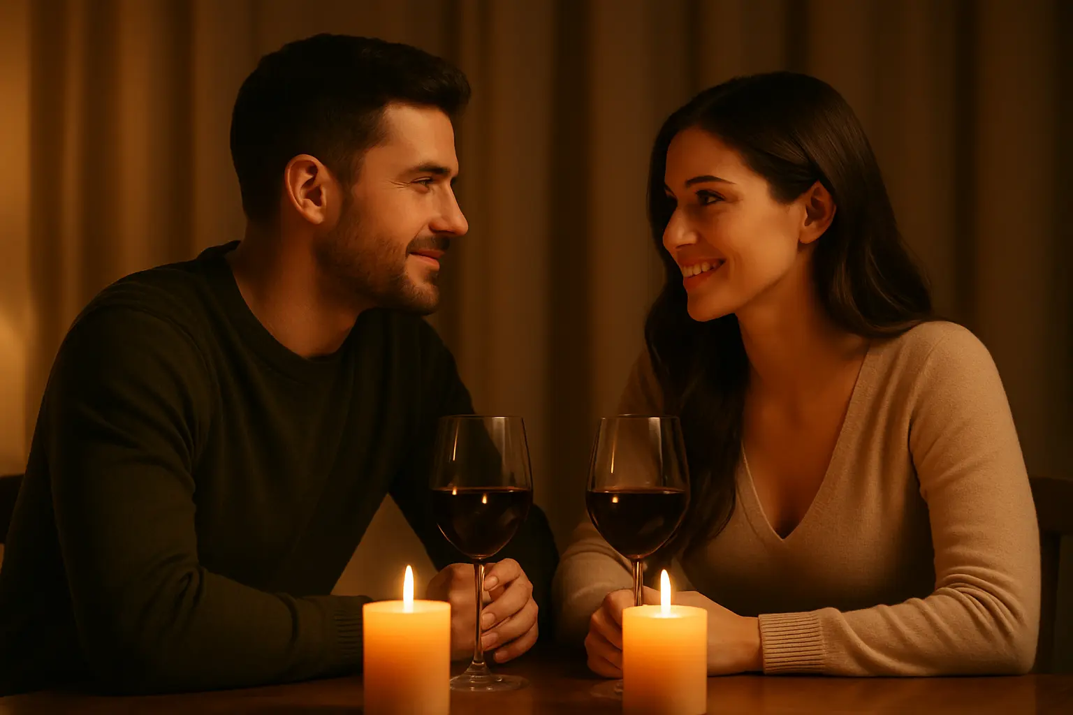 Couple sharing wine and smiles during a romantic Candlelight Evening