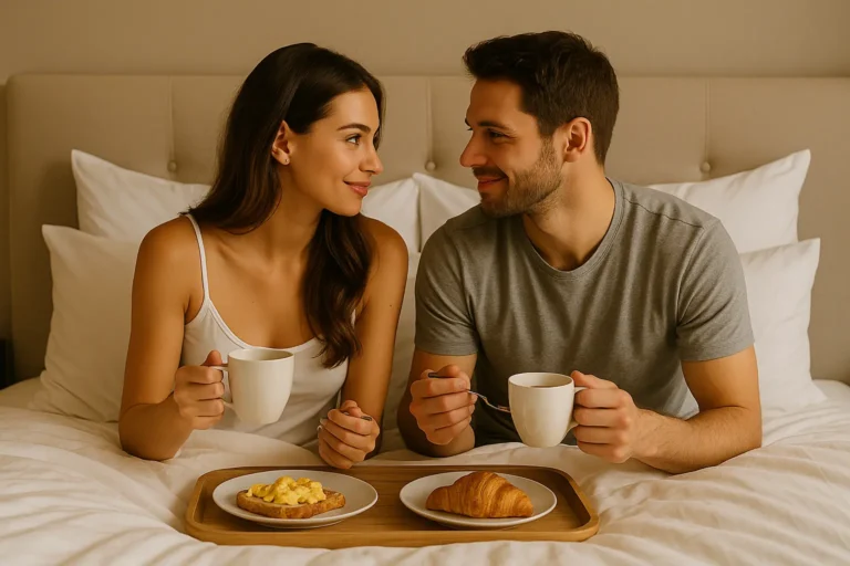 Couple enjoying breakfast in bed, smiling at each other during a lazy weekend morning.
