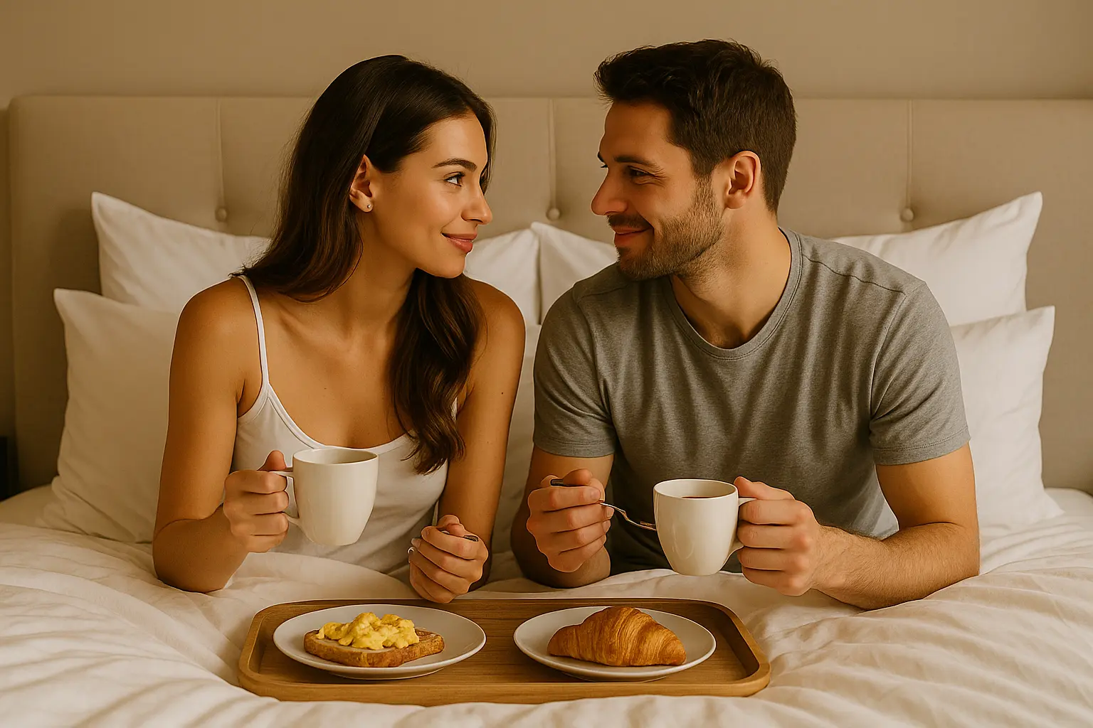 Couple enjoying breakfast in bed, smiling at each other during a lazy weekend morning.