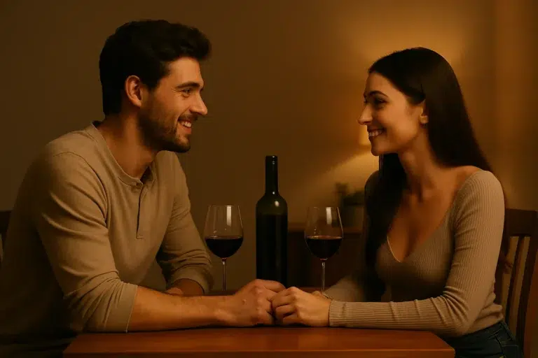 Couple enjoying wine together while smiling during a cozy memory lane evening conversation.