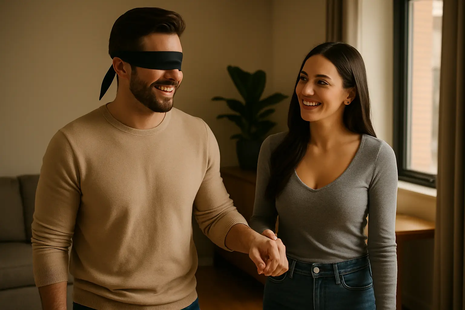 Blindfolded man smiling while holding hands with his partner during a playful guess the lace game at home.
