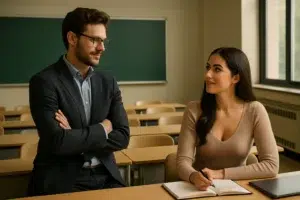 Student Professor Erotic Story for Her — a confident professor stands beside a seated student who looks up at him in a quiet classroom.