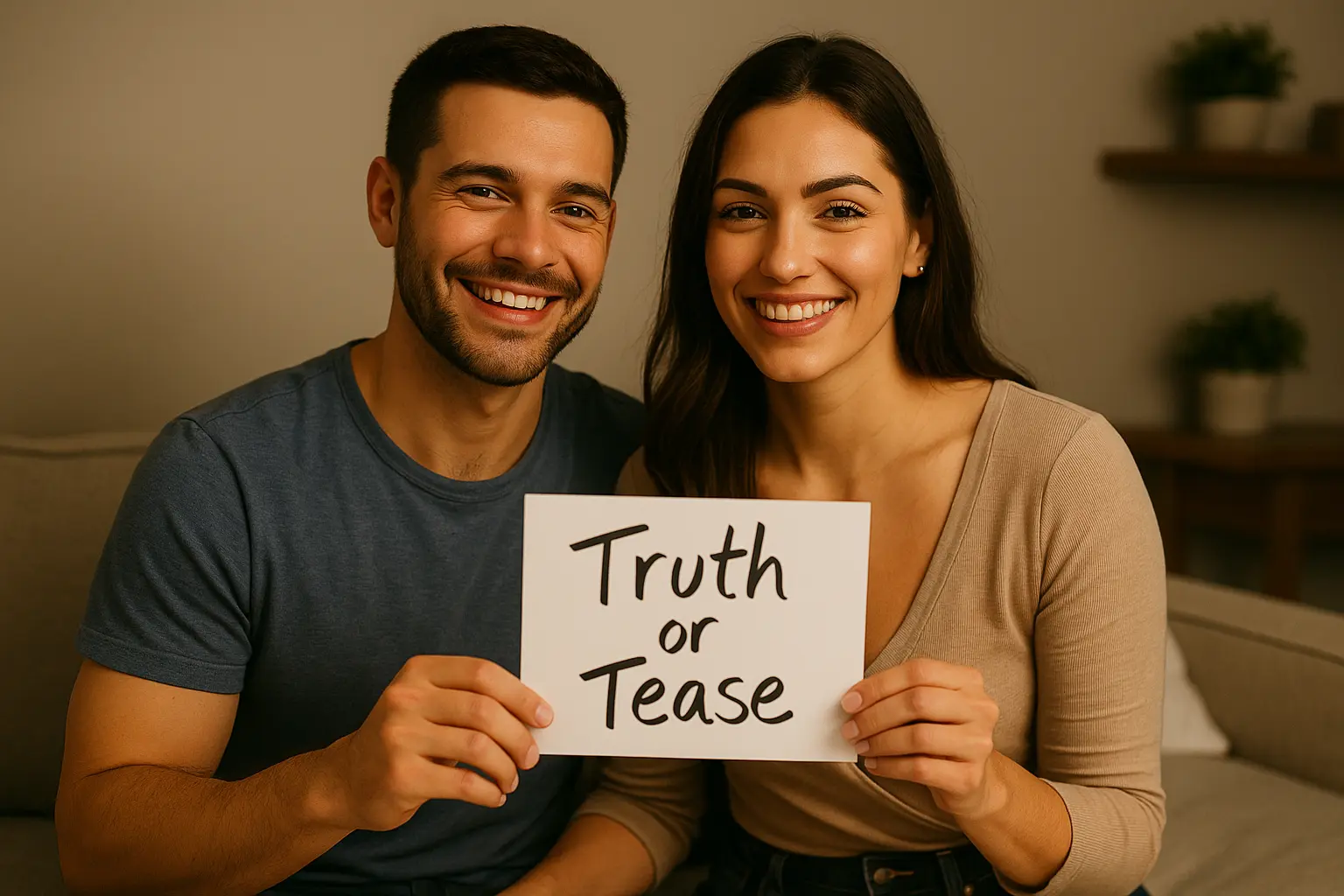 Smiling couple holding a card with the words Truth or Tease – playful couple game for intimacy and fun.