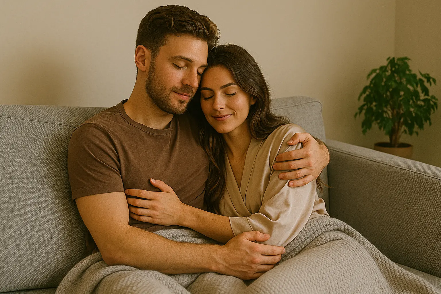 Couple sitting on the couch with a blanket, holding each other and relaxing with eyes closed, feeling calm and connected after intimacy