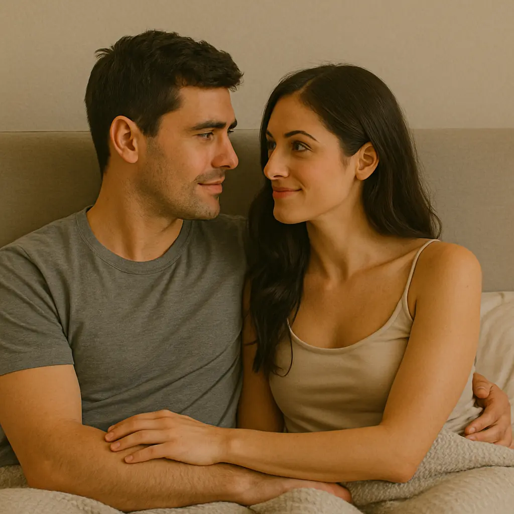 Couple sitting in bed under a blanket looking into each other’s eyes and smiling, sharing a quiet and intimate moment together