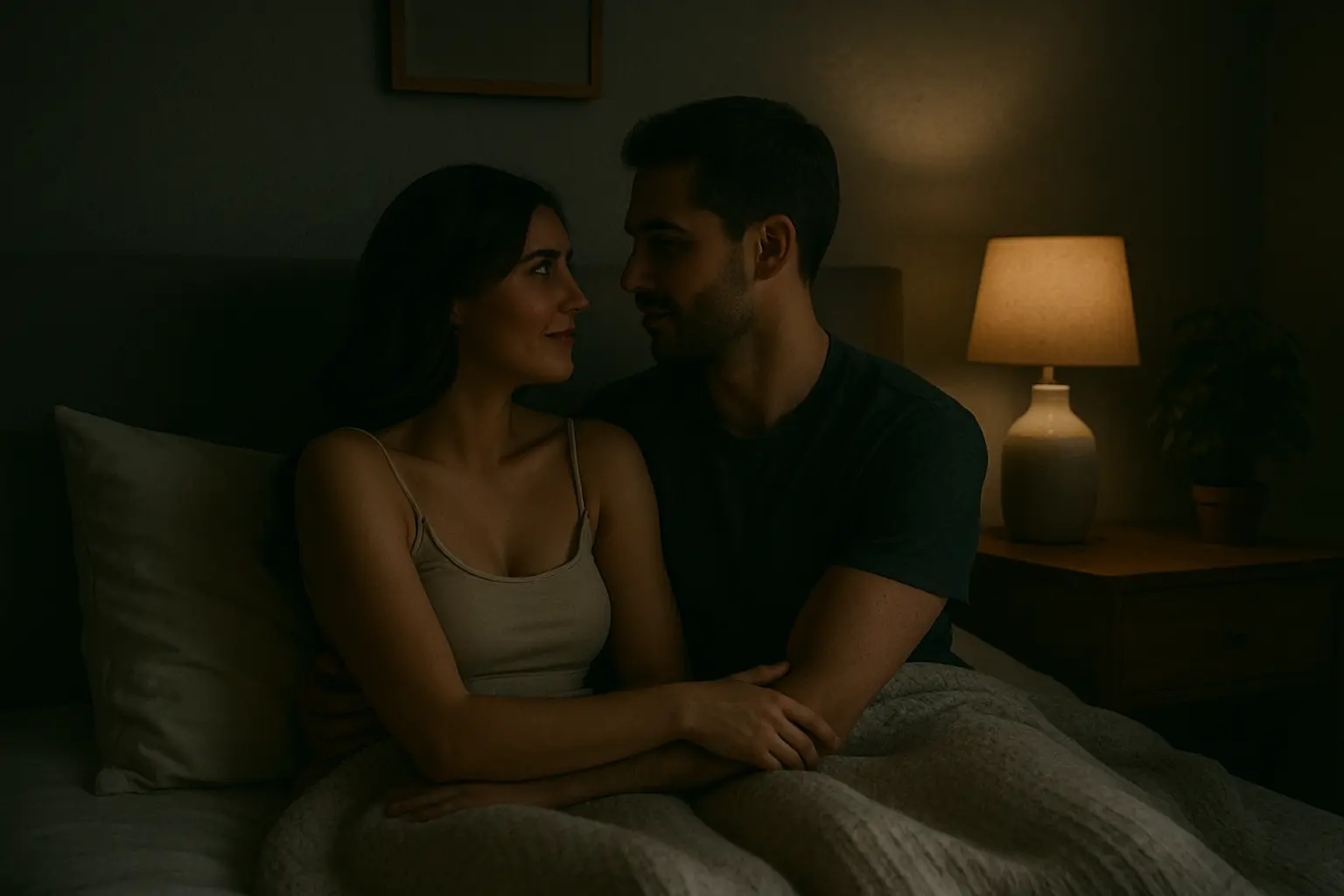 Couple sitting in bed with a soft light on, looking into each other’s eyes and holding each other, sharing an intimate moment as part of aftercare in sex