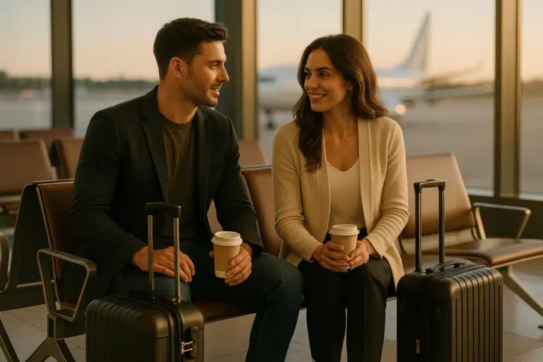 Couple sitting close together in an airport lounge with luggage and coffee cups, capturing the beginning of an airport roleplay story.