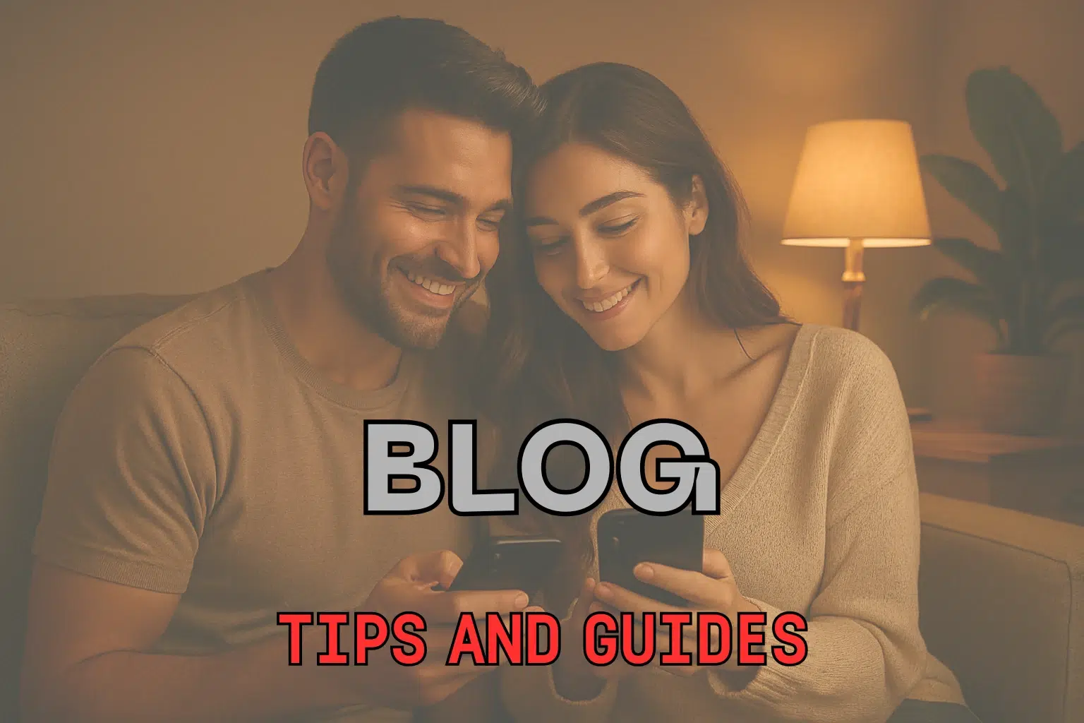 Happy couple sitting together on the couch, smiling at their phones – perfect cover image for blog about intimacy and relationship tips.
